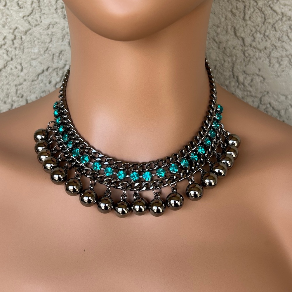 Bold Gunmetal & Teal Accent Statement Necklace